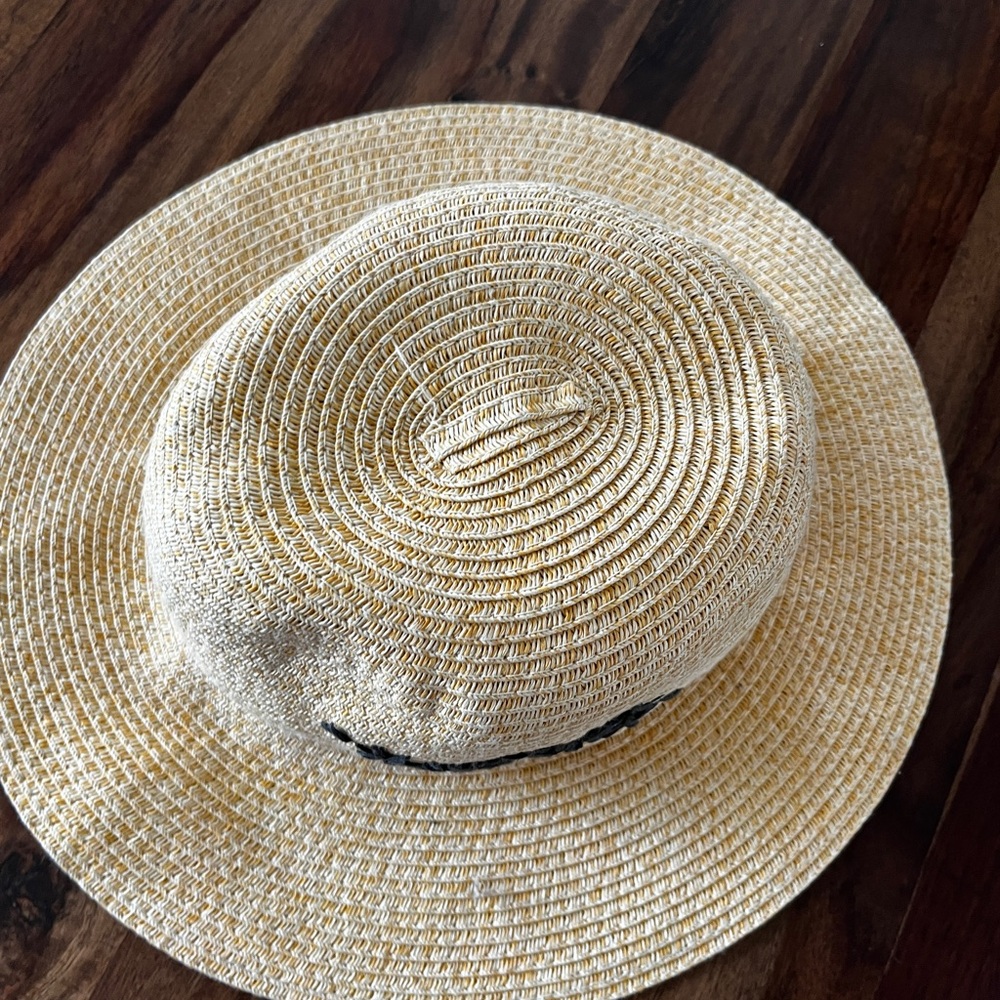 Girls Straw Sun Hat with Black Floral Embroidery